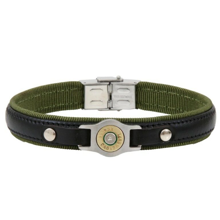 Bracelet Homme Elden Gros Grain Vert avec Cuir Noir Lisse Et Acier SB006-VERT
