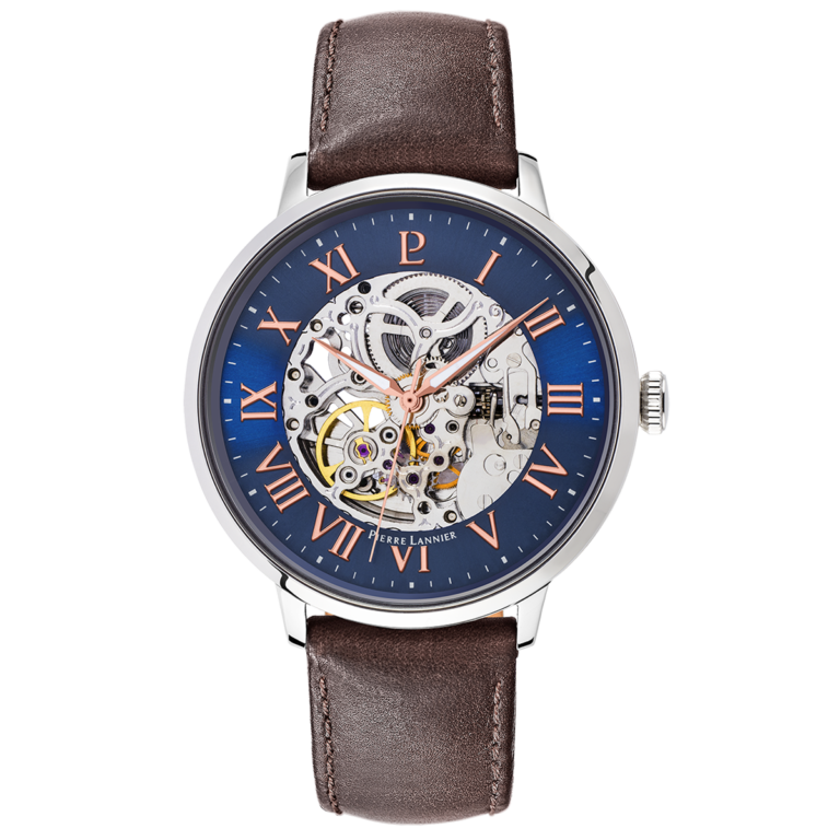 Montre Pierre Lannier Homme Automatique Squelette Bleu Acier Cuir Marron 322B164