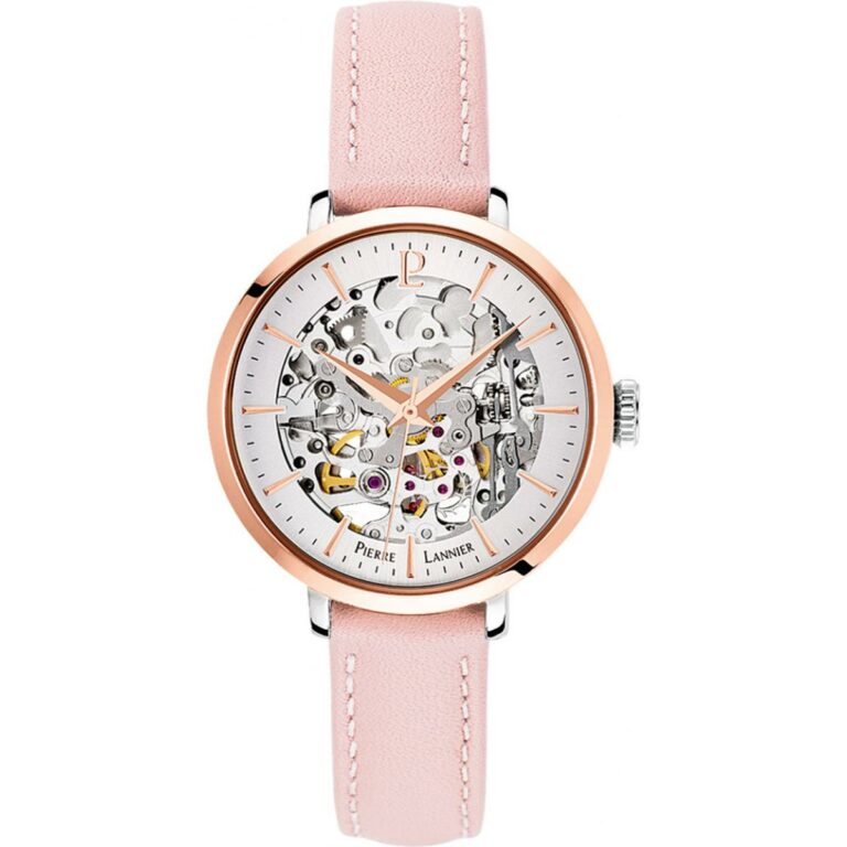 Montre Pierre Lannier Femme Automatique Squelette Acier Rosé Et Cuir Rose 312B625