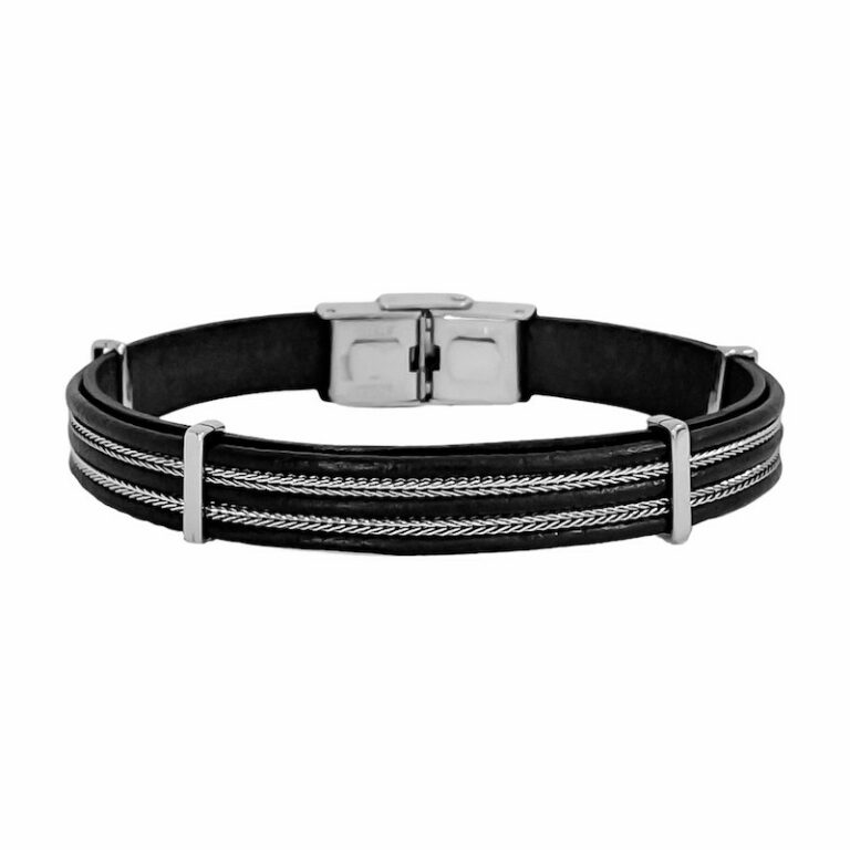 Bracelet Homme Elden Acier et Cuir Noir BA08/21-N