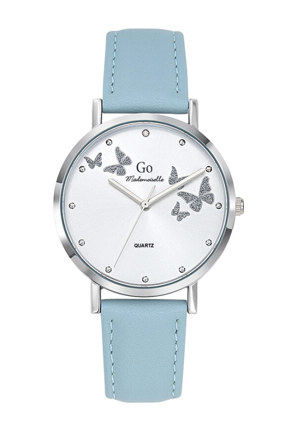 Montre Go Femme Acier Ronde Papillon Cuir Bleu Ciel 699347