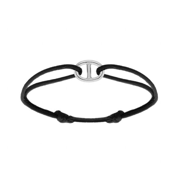 Bracelet Argent Rhodié Motif Maille Marine Cordon Coulissant Noir 023165