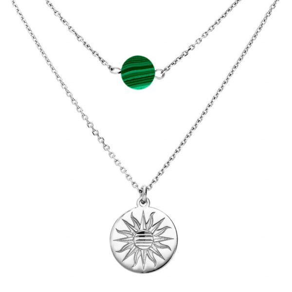Collier Argent Double Chaine Et Malachite Véritable 033094